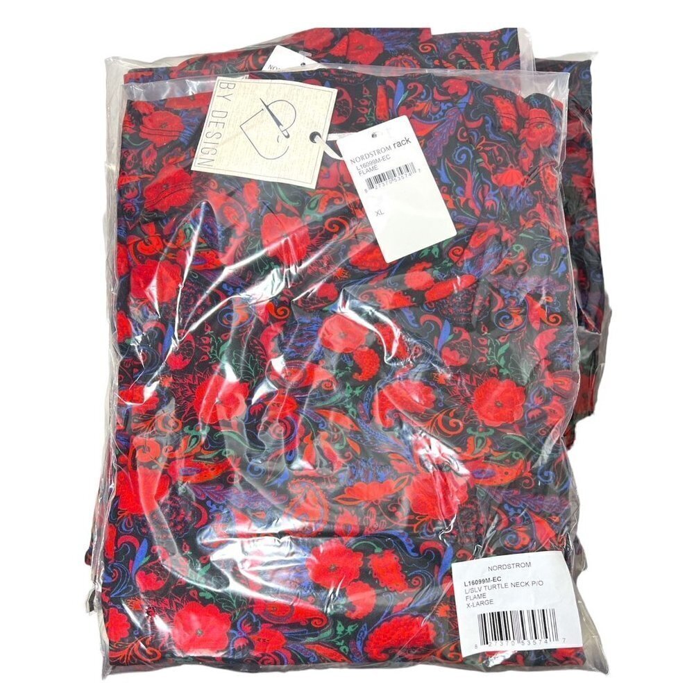 By Design Womens Red Floral Turtleneck Jersey Knit Long Sleeve Top Sz XL New - Picture 4 of 9